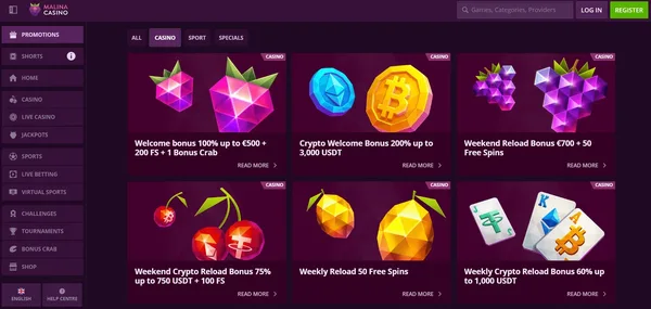 Malina Casino stránka uvítacieho bonusu na mobile