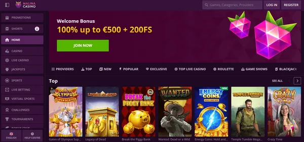 Malina Casino úvodná stránka na mobile